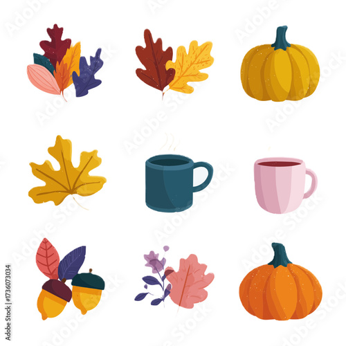 Set of 9 flat vector autumn icons. Colorful fall leaves, pumpkins, acorns and warm drinks in minimal flat style isolated on white