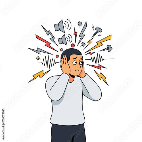 A stressed man covers his ears to block out overwhelming loud noises and chaotic symbols representing anxiety and sensory overload.