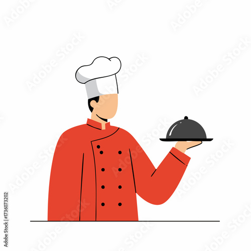 Simple Flat Illustration of Chef Holding Silver Serving Dish Cloche
