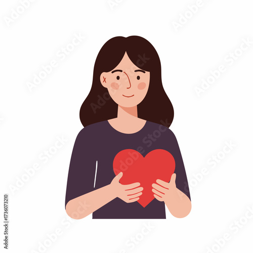Cartoon Flat Illustration Woman Holding Heart Symbol of Love and Care