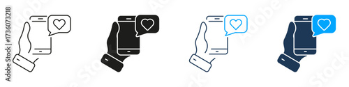 Hand Holding Smartphone With Like Message Line And Solid Icon Set. Positive Feedback On Mobile Phone. Social Media And Communication Symbol Collection. Isolated Vector Illustration