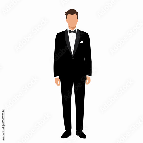 Flat Style Elegant Man in Tuxedo Formal Wear Full Body Figure