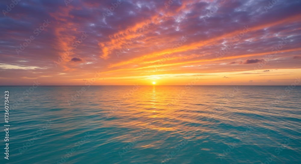 Fototapeta premium 鮮やかな赤橙色の夕焼け雲が広がり穏やかな青い海面に太陽の黄金色が美しく反射する幻想的な光景. AI Generated