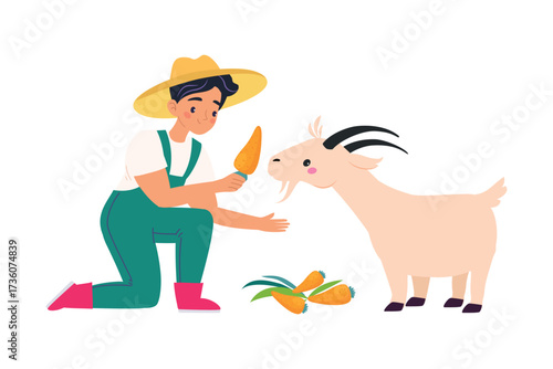 Man Farmer Character Feed Goat with Carrot Vector Illustration