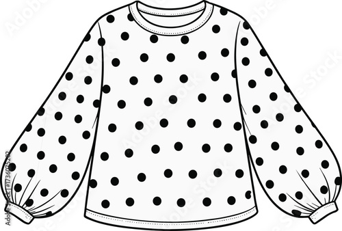 Polka dot blouse illustration, black and white fashion sketch, puff sleeve top drawing, women’s clothing design, apparel outline vector, garment artwork
