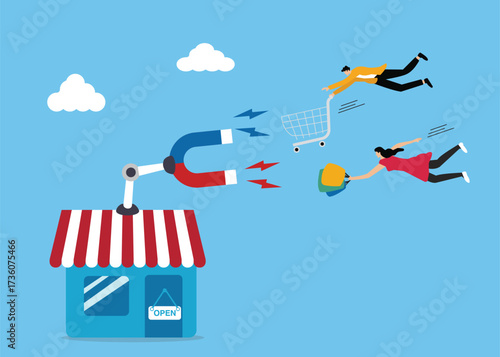 marketing or promotion to attract customers to come back and buy more products, illustrated by using magnets to attract customers. Stock Illustration
