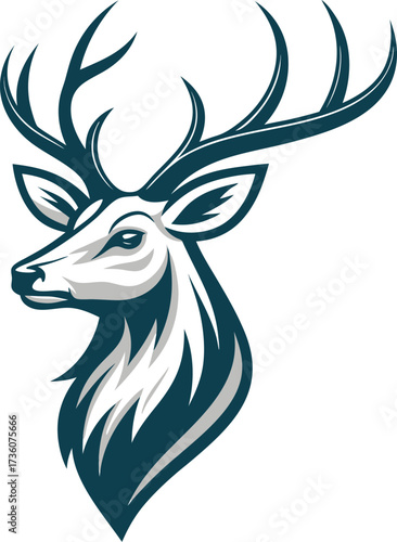 A minimalist deer iconic logo design Black and white illustration, deer head silhouette, majestic antlers, minimalist design, elegant profile, stylized wildlife art, sharp contrast, vector graphic,	
