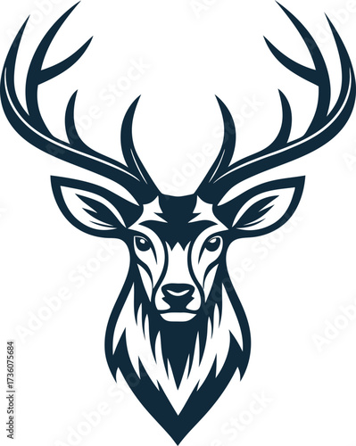 A minimalist deer iconic logo design Black and white illustration, deer head silhouette, majestic antlers, minimalist design, elegant profile, stylized wildlife art, sharp contrast, vector graphic,	
