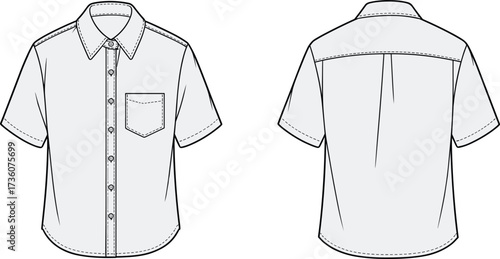 Short sleeve button shirt flat sketch, black and white apparel drawing, front and back view design, fashion garment illustration, clothing outline vector artwork