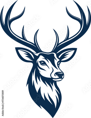 A minimalist deer iconic logo design Black and white illustration, deer head silhouette, majestic antlers, minimalist design, elegant profile, stylized wildlife art, sharp contrast, vector graphic,	
