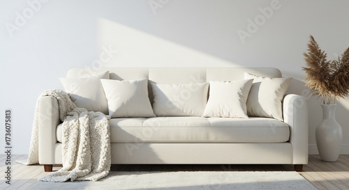 柔らかな日差しが差し込む清潔感あふれるミニマルなリビング白い快適なソファが静かに佇む光と影のコントラスト. AI Generated