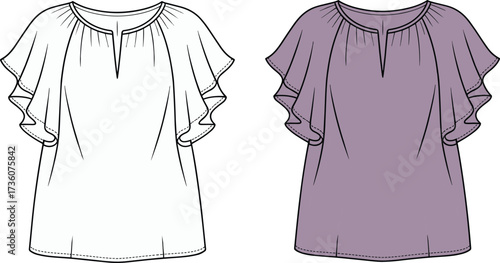 Blouse fashion illustration, flutter sleeve top, round neck design, ruffle detail garment, apparel sketch, clothing template, women’s fashion vector drawing
