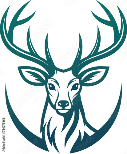 A minimalist deer iconic logo design Black and white illustration, deer head silhouette, majestic antlers, minimalist design, elegant profile, stylized wildlife art, sharp contrast, vector graphic,	
