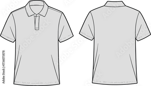 Polo shirt illustration, short sleeve design, front and back view, fashion apparel sketch, clothing template vector, garment technical drawing, casual wear graphic