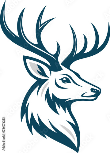 A minimalist deer iconic logo design Black and white illustration, deer head silhouette, majestic antlers, minimalist design, elegant profile, stylized wildlife art, sharp contrast, vector graphic,	
