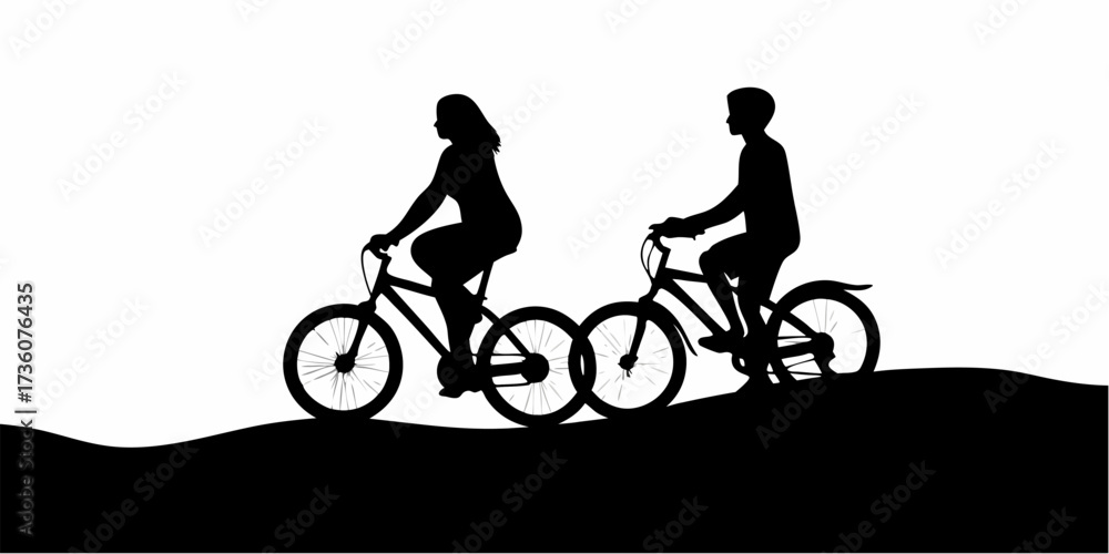 Fototapeta premium Active couple silhouette cycling outdoors, enjoying fitness and healthy lifestyle, promoting wellness and recreational activity on bikes, family fun.