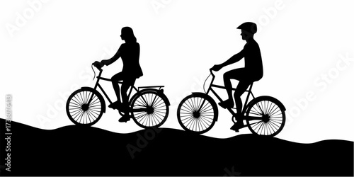 Stylish silhouette of a couple riding bikes outdoors, promoting fitness, healthy lifestyle, and outdoor adventure for travel and recreational activities