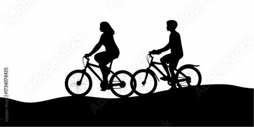 Active couple silhouette cycling outdoors, enjoying fitness and healthy lifestyle, promoting wellness and recreational activity on bikes, family fun.