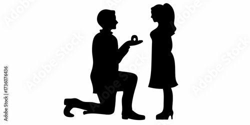 Romantic proposal illustration with man kneeling and presenting ring to woman, symbolizing love, commitment, and happy future together in silhouette