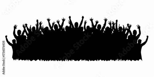 Dynamic crowd silhouette with raised hands expressing joy and excitement, perfect for event promotions or celebrating success, vibrant energy illustration