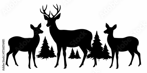 Elegant deer silhouette family amidst pine trees, perfect for rustic holiday designs and nature-themed crafts, bringing a touch of wilderness charm