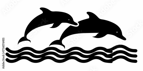 Elegant silhouette of two dolphins leaping above the waves, a playful marine scene evoking summer fun and tropical vacations with a classic nautical vibe