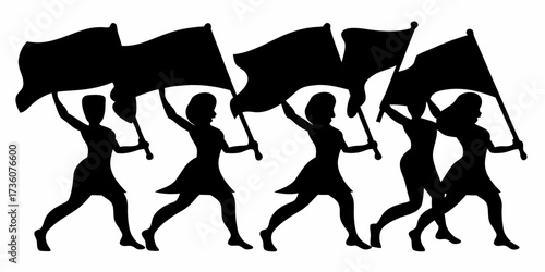 Dynamic silhouette of women marching with flags, symbolizing unity and progress, ideal for social movement or political campaign graphics