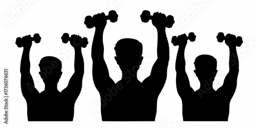 Dynamic fitness class silhouette lifting dumbbells overhead, strength training for health and wellness, perfect for gym promotions and workout routines