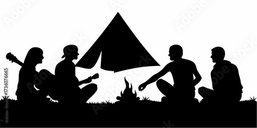Friends gather around the campfire, sharing stories and songs under the open sky, creating memories together on a camping adventure, a vector silhouette