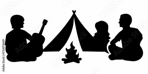 Camping silhouette with campfire, guitar, and friends enjoying nature's tranquility under the stars, perfect for outdoor adventure and travel themes