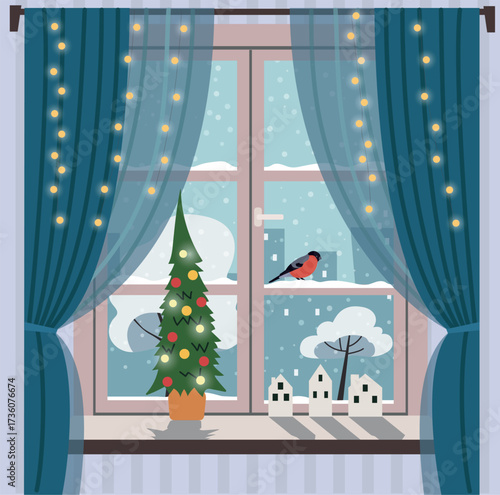 Christmas window with curtains and Christmas tree. Winter landscape. Vector flat style illustration