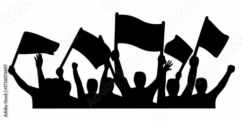 Passionate crowd protesting with flags, showing strength and unity at a rally for social change, ideal for news, activism, and political campaigns
