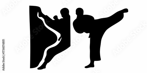 Modern black silhouettes of karate fighters in powerful action, capturing the dynamic intensity of martial arts training and discipline