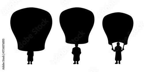 Powerful silhouettes of people holding large ascending balloons, symbolizing dreams, freedom, and personal growth.