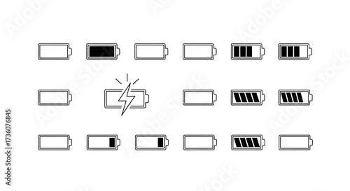 A clean array of battery icons represented solely by thin, consistent black lines.