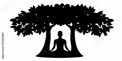 Serene silhouette of a person meditating peacefully under a lush, ancient tree, symbolizing tranquility, spiritual growth, and inner peace.