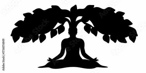 Peaceful silhouette of a person meditating under a sacred tree, promoting calm and spiritual growth for mindful living.