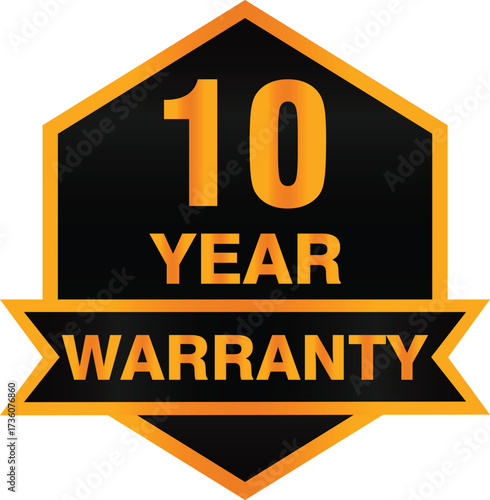 hand made Ten year warranty badge golden text on a black hexagon vector illustration for product guarantee and assurance