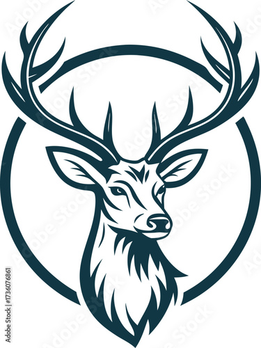 A minimalist deer iconic logo design Black and white illustration, deer head silhouette, majestic antlers, minimalist design, elegant profile, stylized wildlife art, sharp contrast, vector graphic,	
