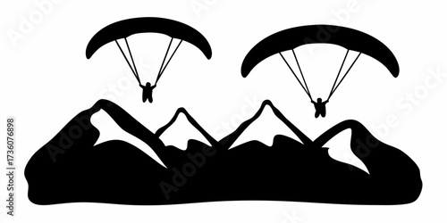 Two paragliders gracefully soar above majestic mountain peaks, embodying freedom and extreme adventure in a stunning minimalist design.