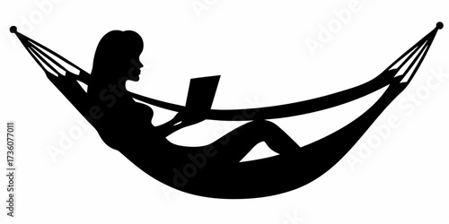 Woman relaxing in a comfortable hammock, enjoying a peaceful moment reading a captivating book, embodying serene leisure and tranquil relaxation.