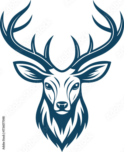 A minimalist deer iconic logo design Black and white illustration, deer head silhouette, majestic antlers, minimalist design, elegant profile, stylized wildlife art, sharp contrast, vector graphic,	
