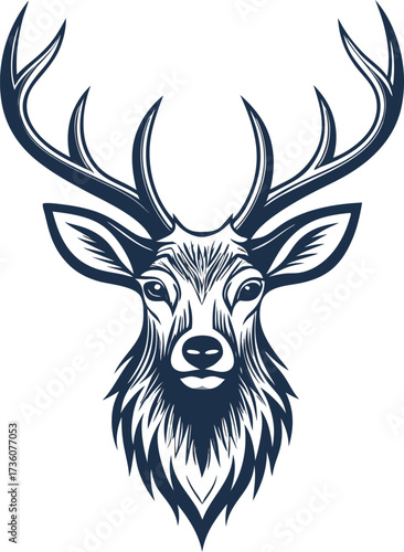 A minimalist deer iconic logo design Black and white illustration, deer head silhouette, majestic antlers, minimalist design, elegant profile, stylized wildlife art, sharp contrast, vector graphic,	
