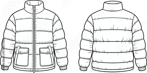 Puffer jacket flat sketch, quilted winter coat illustration, fashion design template, outerwear technical drawing, padded jacket blueprint, apparel construction vector, clothing design