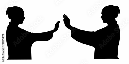 Two strong human silhouettes facing each other, hands raised in a dynamic, balanced interaction or focused gesture.