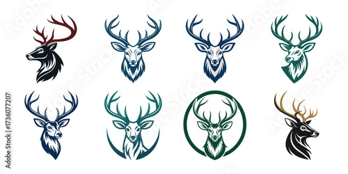 A minimalist deer iconic logo design Black and white illustration, deer head silhouette, majestic antlers, minimalist design, elegant profile, stylized wildlife art, sharp contrast, vector graphic,	

