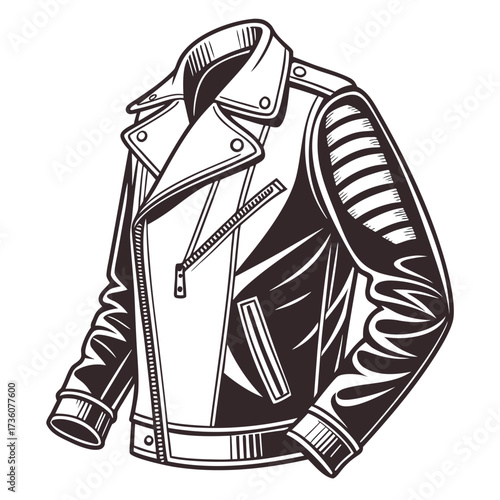 Classic black and white illustration of a biker motorcycle leather jacket with zippers and collar