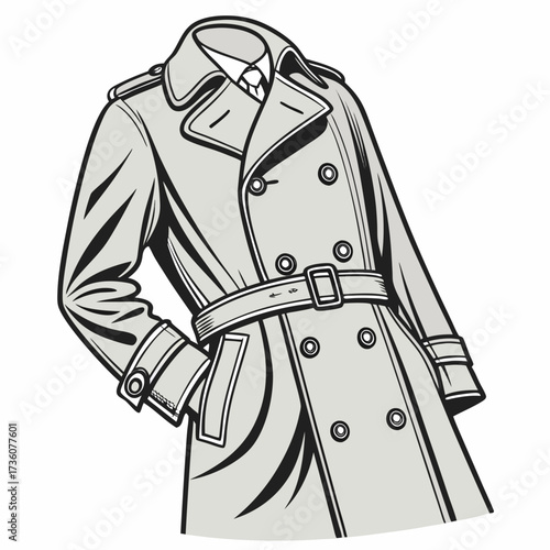 Classic double breasted trench coat with belt and collar worn over a white shirt and tie
