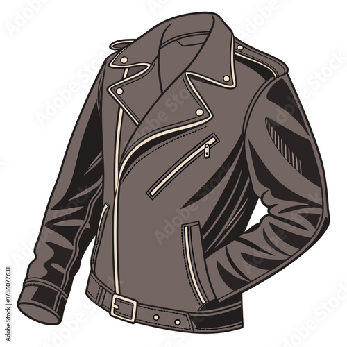 Classic brown leather motorcycle jacket with zippers and belt detail isolated on white background