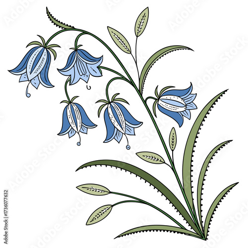 Delicate blue bellflower blossoms with green leaves and stems in a decorative botanical illustration style